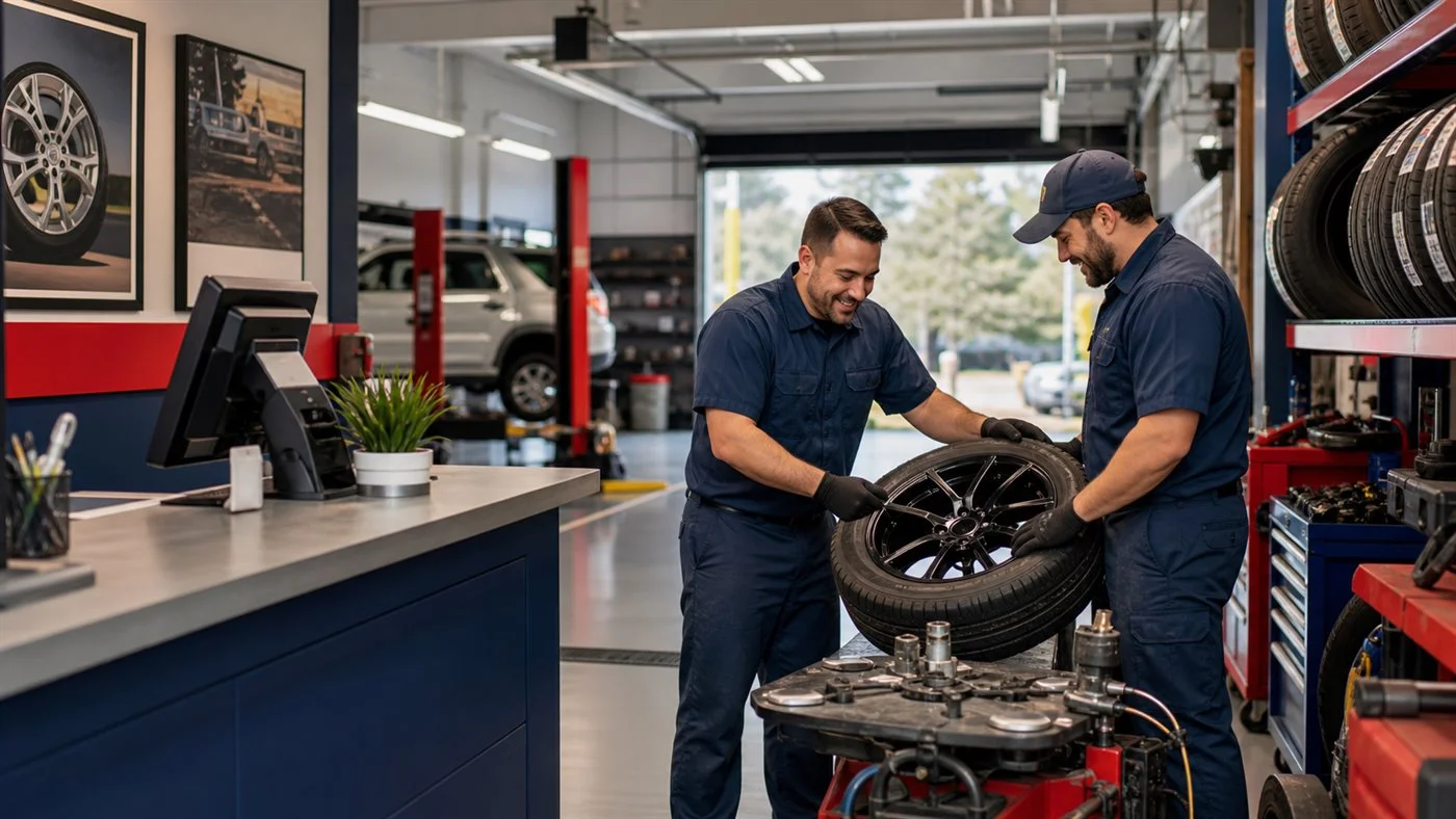 Technicians inspecting a tire and wheel in the shop